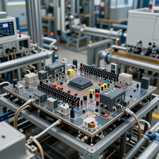 Industrial circuit board with thick cables in a factory setting