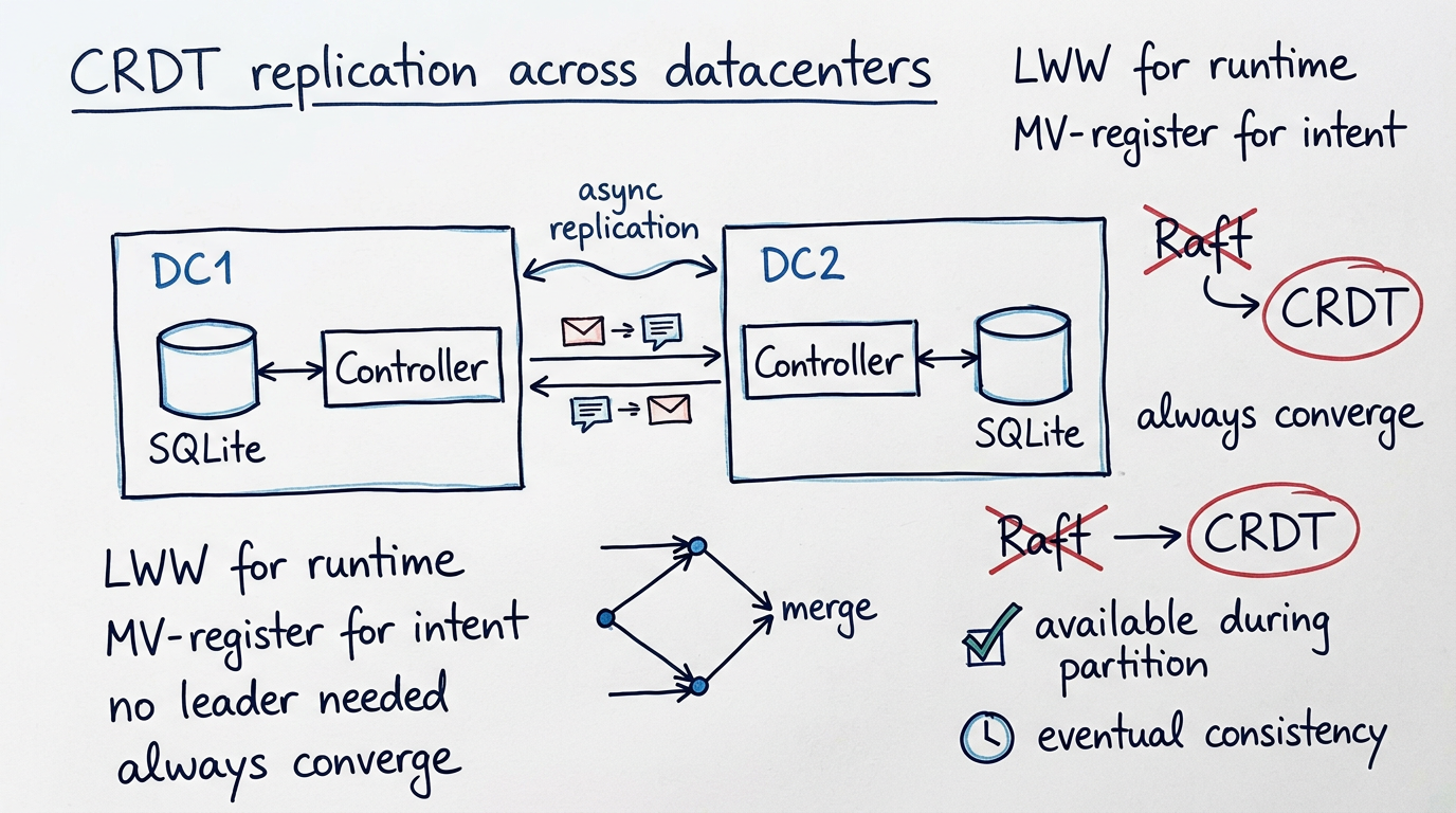 Whiteboard sketch of CRDT replication across datacenters