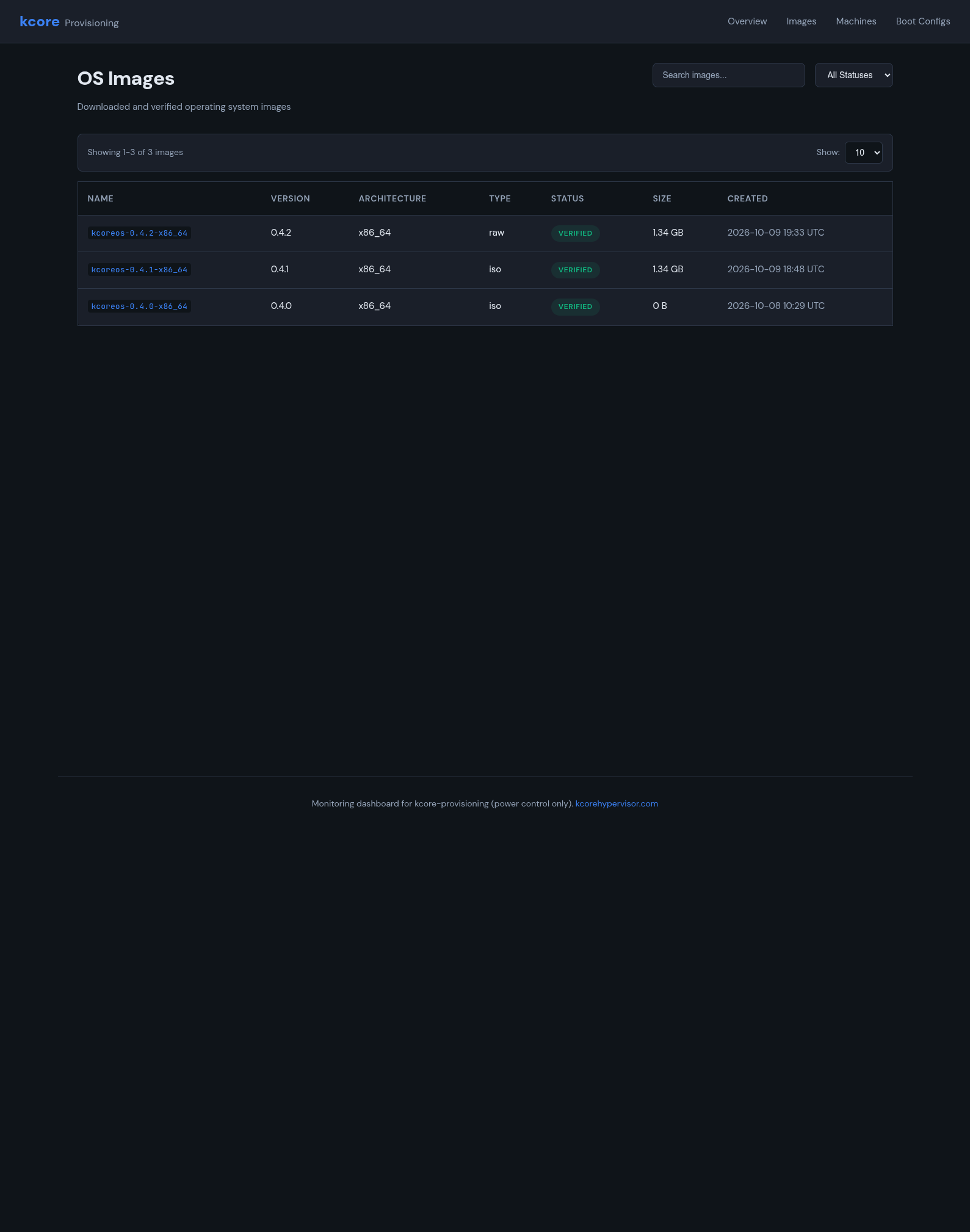 OS Images table with three verified kcoreos images