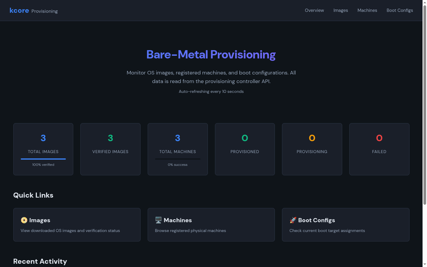 kcore-provisioning overview dashboard with image and machine counters