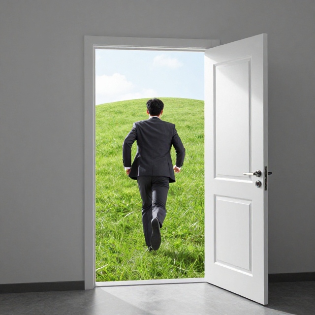 A person in a suit running through an open doorway into a bright field