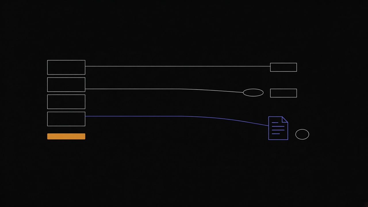 Three routes leaving one inventory: one stays put, one ends at a disk, one ends at a document and a disk