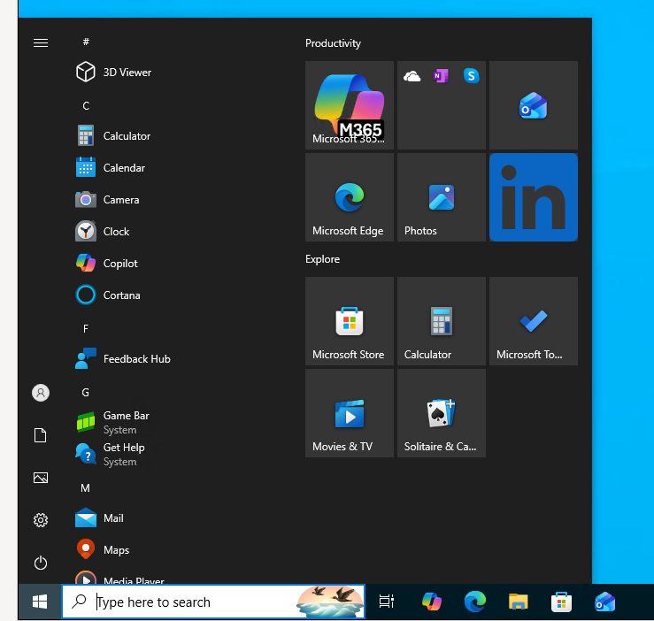 Windows 10 Start menu on a kcore guest, open to the Productivity tiles and the search box